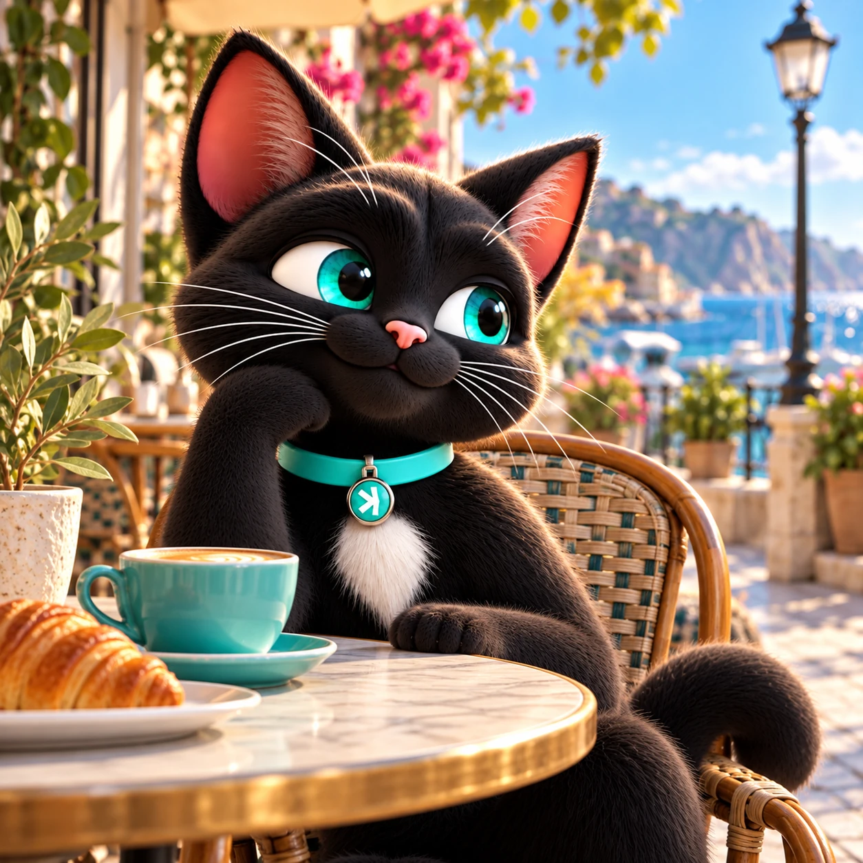 Nacho the Kat descansando en un café al aire libre, con una taza de color verde azulado y un croissant, mirando la costa