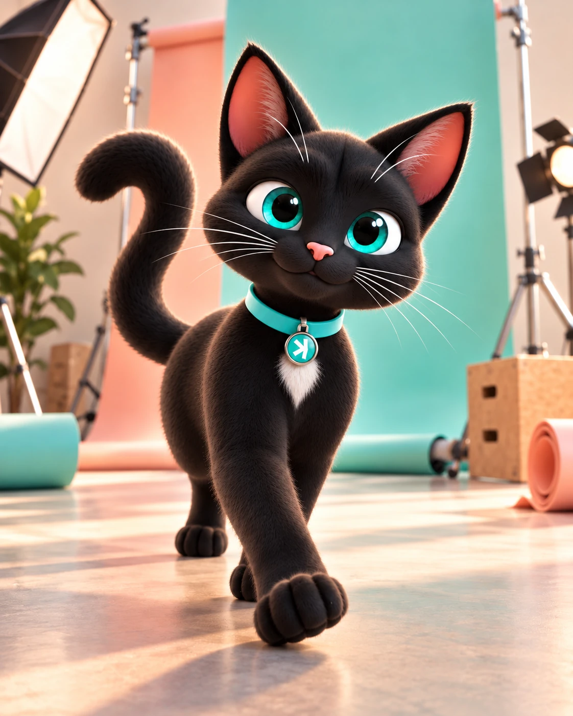 Nacho the Kat caminando con seguridad por un estudio fotográfico colorido, en menta y durazno