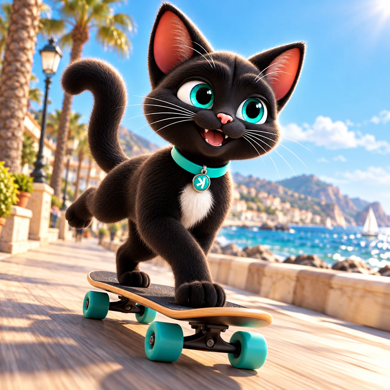 Nacho the Kat patinando contento en una patineta con ruedas de color turquesa, junto al mar soleado