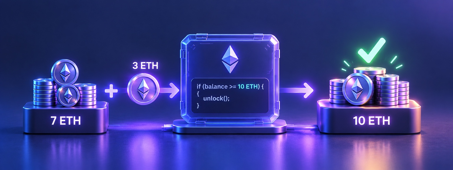Es sind schon 7 ETH zusammengekommen. Olivia gibt 3 ETH dazu. Der Smart Contract prüft, ob der Stand 10 ETH erreicht hat; ein Häkchen zeigt, dass das Ziel erreicht ist.